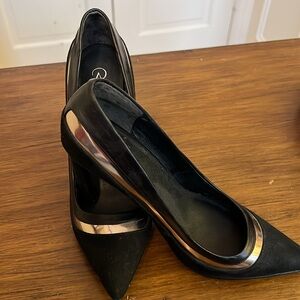 Adrianna Papeli black suede heels with gun metal   trim